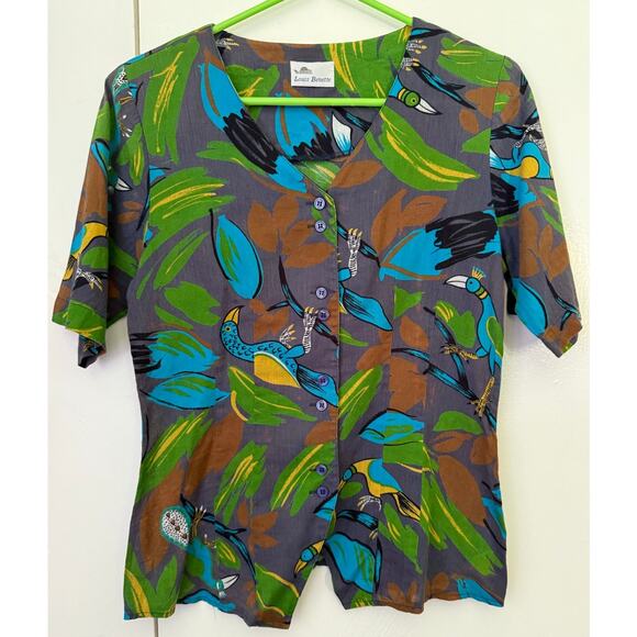 Vintage 70’s Louis Bennett Tropical Bird Blue Green Floral Fun Top Small Medium - Picture 1 of 5